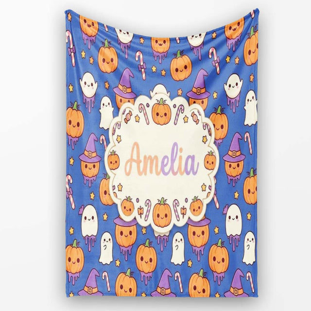 Cute Kawaii Halloween Pumpkin Witch Candy Seamless Pattern Blue  Personalised Custom Name Super Soft Fleece Blanket Bed Sofa Throw