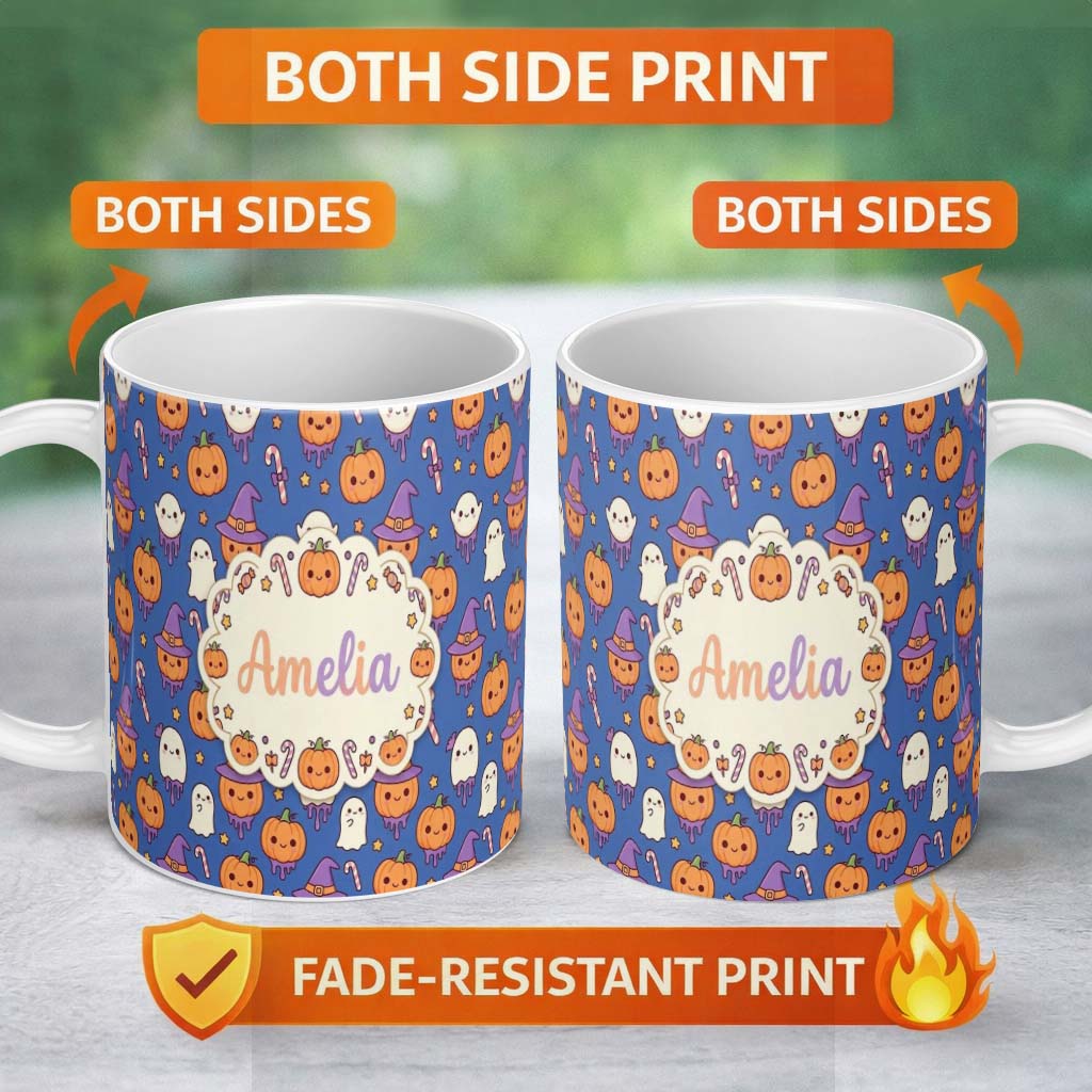 Personalized Custom Name Cute Kawaii Halloween Pumpkin Witch Candy Seamless Pattern Blue 11oz Ceramic Coffee Tea Mug White Large Handle