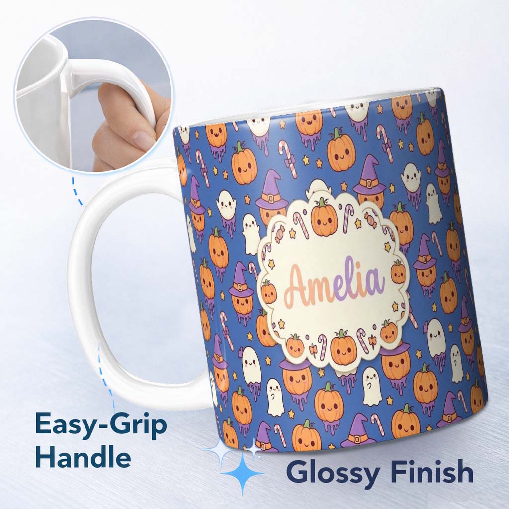 Personalized Custom Name Cute Kawaii Halloween Pumpkin Witch Candy Seamless Pattern Blue 11oz Ceramic Coffee Tea Mug White Large Handle