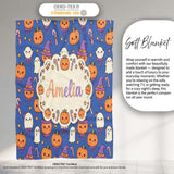 Cute Kawaii Halloween Pumpkin Witch Candy Seamless Pattern Blue  Personalised Custom Name Super Soft Fleece Blanket Bed Sofa Throw