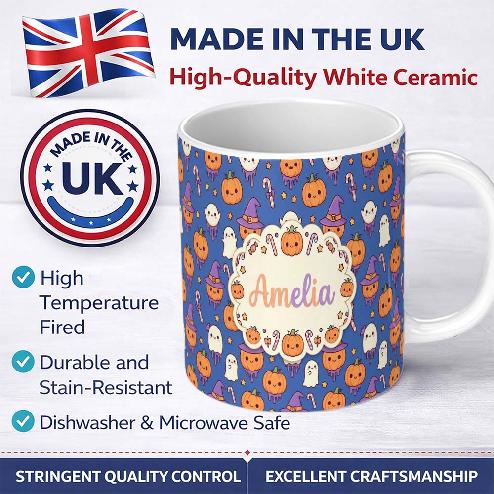 Personalized Custom Name Cute Kawaii Halloween Pumpkin Witch Candy Seamless Pattern Blue 11oz Ceramic Coffee Tea Mug White Large Handle