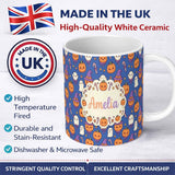 Personalized Custom Name Cute Kawaii Halloween Pumpkin Witch Candy Seamless Pattern Blue 11oz Ceramic Coffee Tea Mug White Large Handle