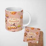 Personalized Custom Name Cute Kawaii Halloween Pumpkin Witch Candy Seamless Pattern Peach 11oz Ceramic Coffee Tea Mug White Large Handle