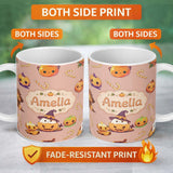 Personalized Custom Name Cute Kawaii Halloween Pumpkin Witch Candy Seamless Pattern Peach 11oz Ceramic Coffee Tea Mug White Large Handle