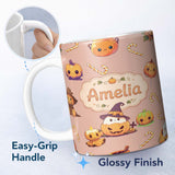 Personalized Custom Name Cute Kawaii Halloween Pumpkin Witch Candy Seamless Pattern Peach 11oz Ceramic Coffee Tea Mug White Large Handle