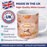 Personalized Custom Name Cute Kawaii Halloween Pumpkin Witch Candy Seamless Pattern Peach 11oz Ceramic Coffee Tea Mug White Large Handle