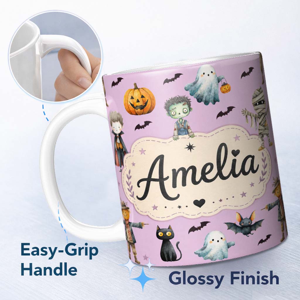 Personalized Custom Name Halloween Zombie Mummy Vampire Bat Spooky Purple Seamless Pattern 11oz Ceramic Coffee Tea Mug White Large Handle