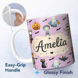Personalized Custom Name Halloween Zombie Mummy Vampire Bat Spooky Purple Seamless Pattern 11oz Ceramic Coffee Tea Mug White Large Handle