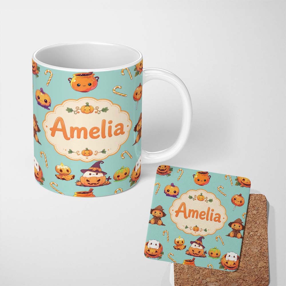 Personalized Custom Name Cute Kawaii Halloween Pumpkin Witch Candy Seamless Pattern Teal 11oz Ceramic Coffee Tea Mug White Large Handle