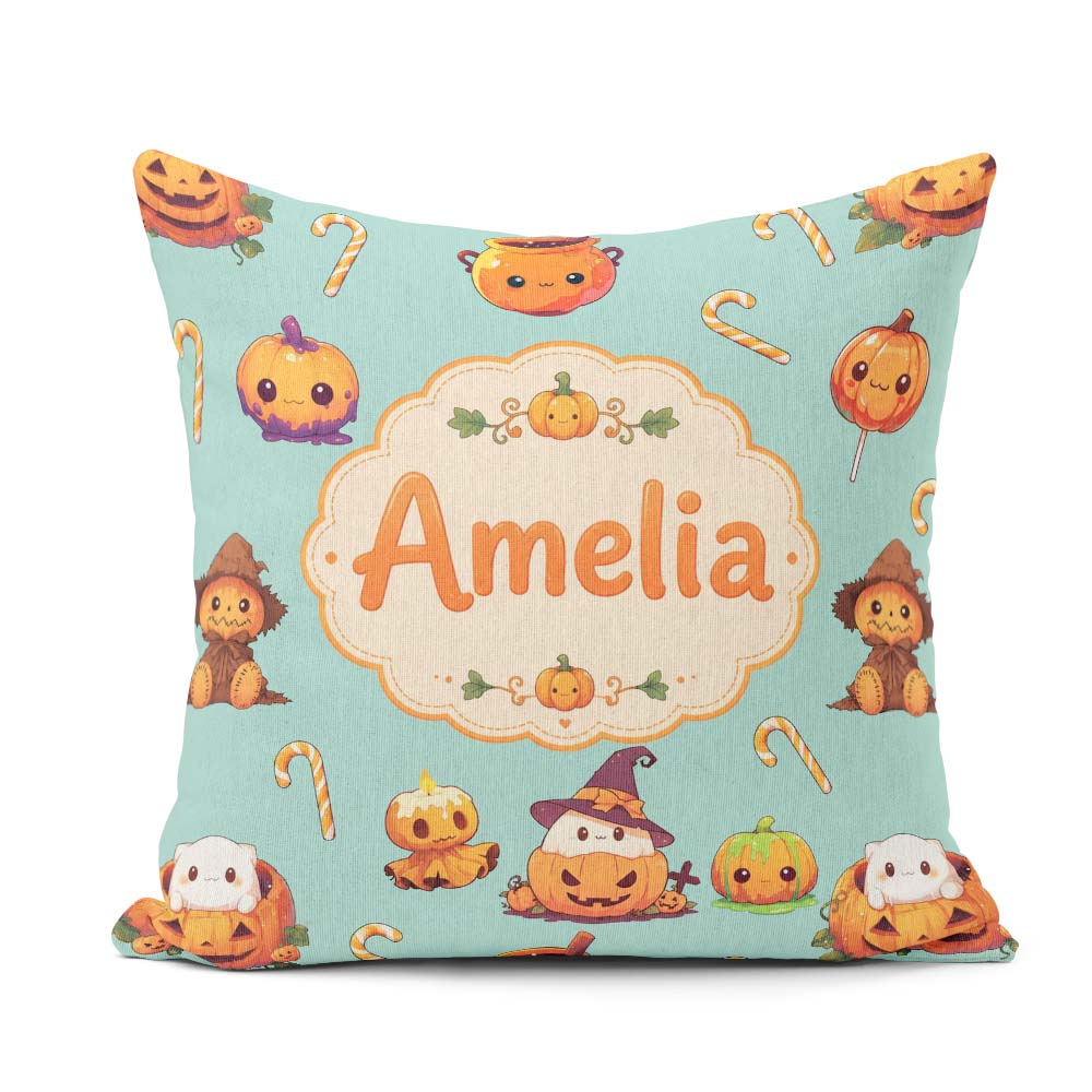 Custom Name Kawaii Halloween Pumpkin Witch Seamless Pattern Teal Square Filled Cushion Throw Pillow Sofa Bed Home Decor Zip Washable UK Made