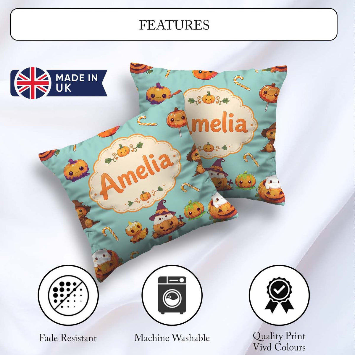 Custom Name Kawaii Halloween Pumpkin Witch Seamless Pattern Teal Square Filled Cushion Throw Pillow Sofa Bed Home Decor Zip Washable UK Made