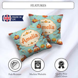 Custom Name Kawaii Halloween Pumpkin Witch Seamless Pattern Teal Square Filled Cushion Throw Pillow Sofa Bed Home Decor Zip Washable UK Made