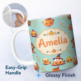 Personalized Custom Name Cute Kawaii Halloween Pumpkin Witch Candy Seamless Pattern Teal 11oz Ceramic Coffee Tea Mug White Large Handle