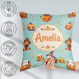 Custom Name Kawaii Halloween Pumpkin Witch Seamless Pattern Teal Square Filled Cushion Throw Pillow Sofa Bed Home Decor Zip Washable UK Made