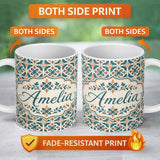 Personalized Custom Name Geometric Floral Tile Pattern in Teal and Burnt Orange on Neutral 11oz Ceramic Coffee Tea Mug White Large Handle