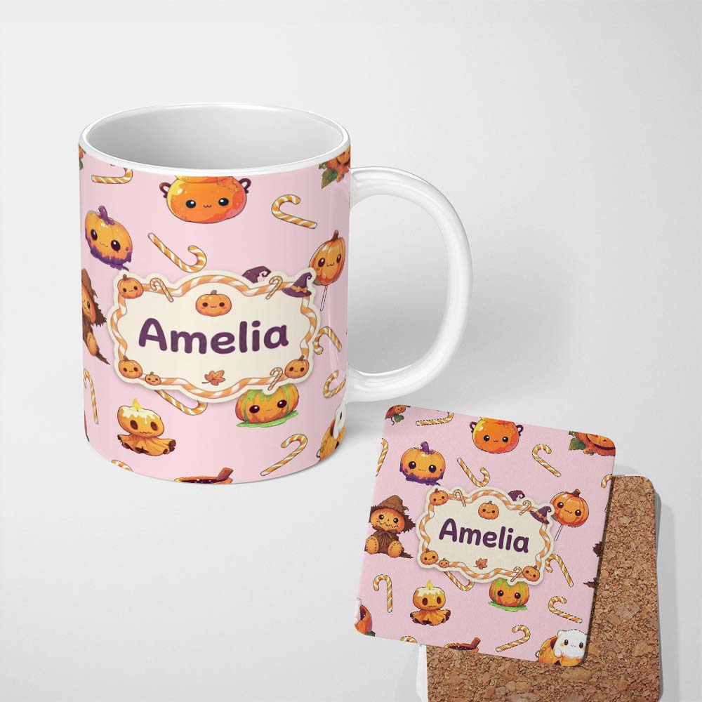 Personalized Custom Name Cute Kawaii Halloween Pumpkin Witch Candy Seamless Pattern Blush 11oz Ceramic Coffee Tea Mug White Large Handle