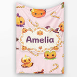 Cute Kawaii Halloween Pumpkin Witch Candy Seamless Pattern Blush  Personalised Custom Name Super Soft Fleece Blanket Bed Sofa Throw
