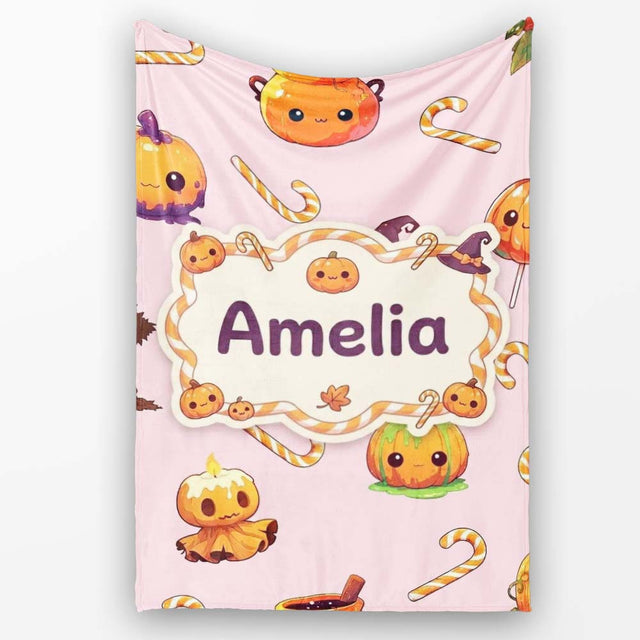 Cute Kawaii Halloween Pumpkin Witch Candy Seamless Pattern Blush  Personalised Custom Name Super Soft Fleece Blanket Bed Sofa Throw