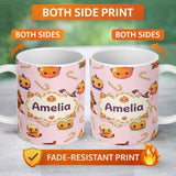 Personalized Custom Name Cute Kawaii Halloween Pumpkin Witch Candy Seamless Pattern Blush 11oz Ceramic Coffee Tea Mug White Large Handle