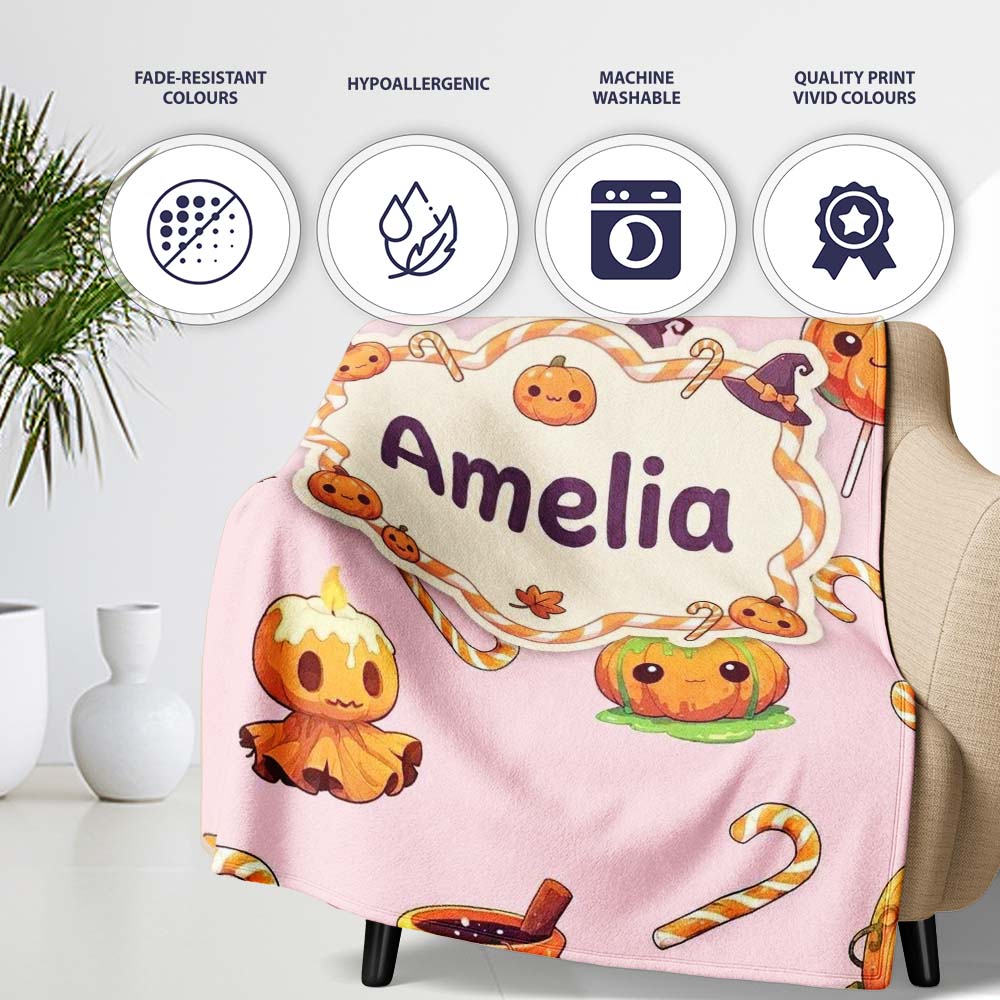 Cute Kawaii Halloween Pumpkin Witch Candy Seamless Pattern Blush  Personalised Custom Name Super Soft Fleece Blanket Bed Sofa Throw