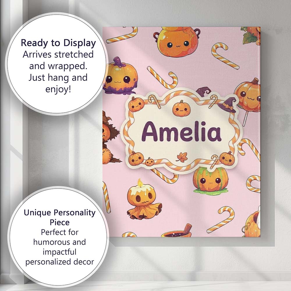 Personalised Name Cute Kawaii Halloween Custom  Modern Room Accent Elegant Feature Canvas Wall Art Print Decor Picture Ready to Hang