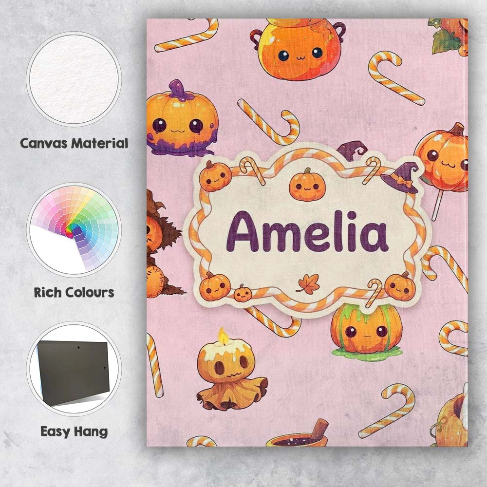 Personalised Name Cute Kawaii Halloween Custom  Modern Room Accent Elegant Feature Canvas Wall Art Print Decor Picture Ready to Hang