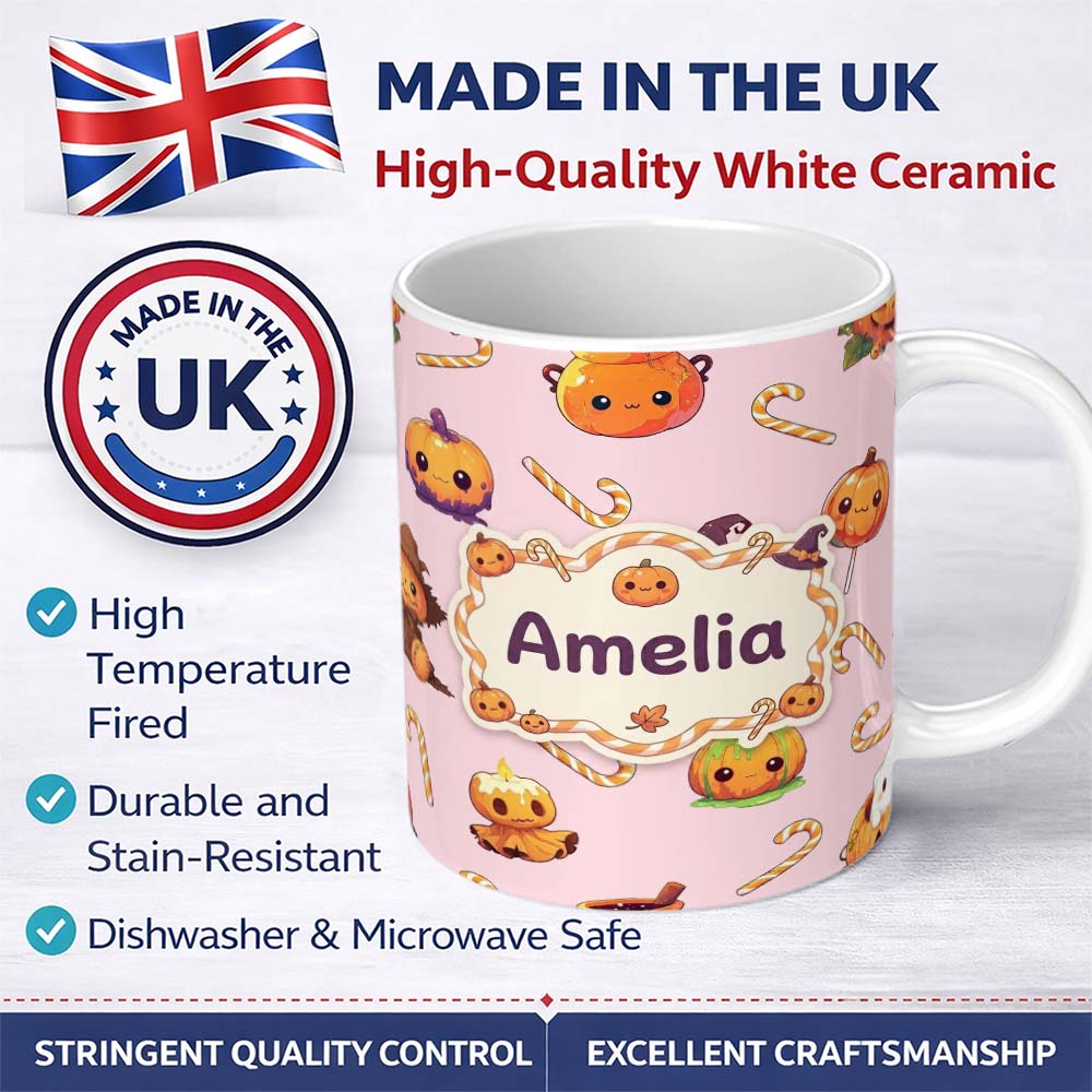 Personalized Custom Name Cute Kawaii Halloween Pumpkin Witch Candy Seamless Pattern Blush 11oz Ceramic Coffee Tea Mug White Large Handle