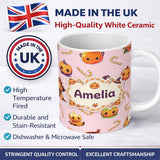 Personalized Custom Name Cute Kawaii Halloween Pumpkin Witch Candy Seamless Pattern Blush 11oz Ceramic Coffee Tea Mug White Large Handle