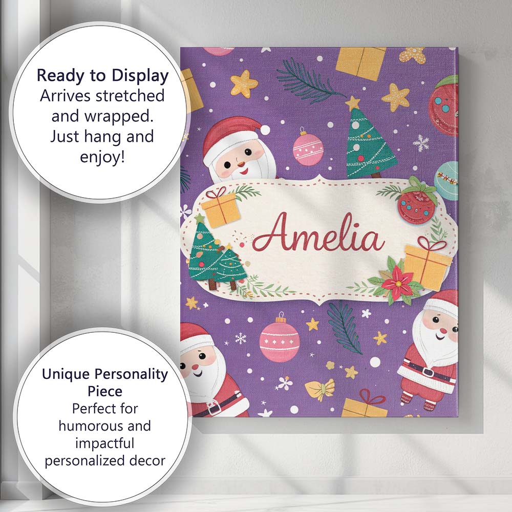 Personalised Name Cute Christmas Santa Tree Gift Cartoon Seamless Custom  Bespoke Canvas Wall Art Print Decor Picture Ready to Hang