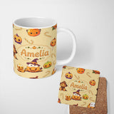 Personalized Custom Name Cute Kawaii Halloween Pumpkin Witch Candy Seamless Pattern Yellow 11oz Ceramic Coffee Tea Mug White Large Handle