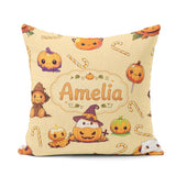 Custom Name Kawaii Halloween Pumpkin Witch Candy Seamless Yellow Square Filled Cushion Throw Pillow Sofa Bed Home Decor Zip Washable UK Made