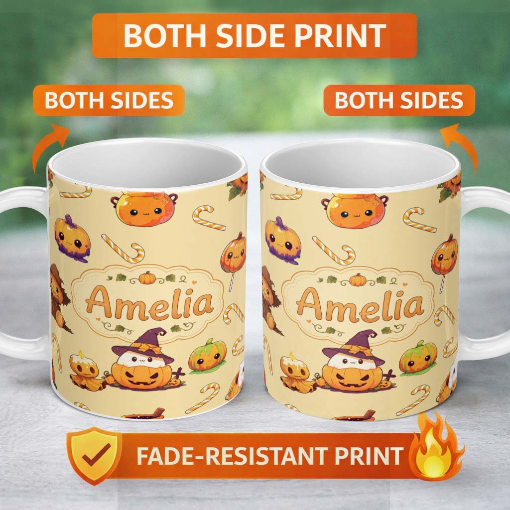 Personalized Custom Name Cute Kawaii Halloween Pumpkin Witch Candy Seamless Pattern Yellow 11oz Ceramic Coffee Tea Mug White Large Handle