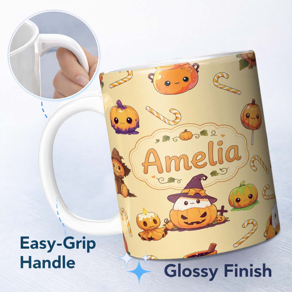 Personalized Custom Name Cute Kawaii Halloween Pumpkin Witch Candy Seamless Pattern Yellow 11oz Ceramic Coffee Tea Mug White Large Handle
