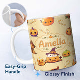 Personalized Custom Name Cute Kawaii Halloween Pumpkin Witch Candy Seamless Pattern Yellow 11oz Ceramic Coffee Tea Mug White Large Handle