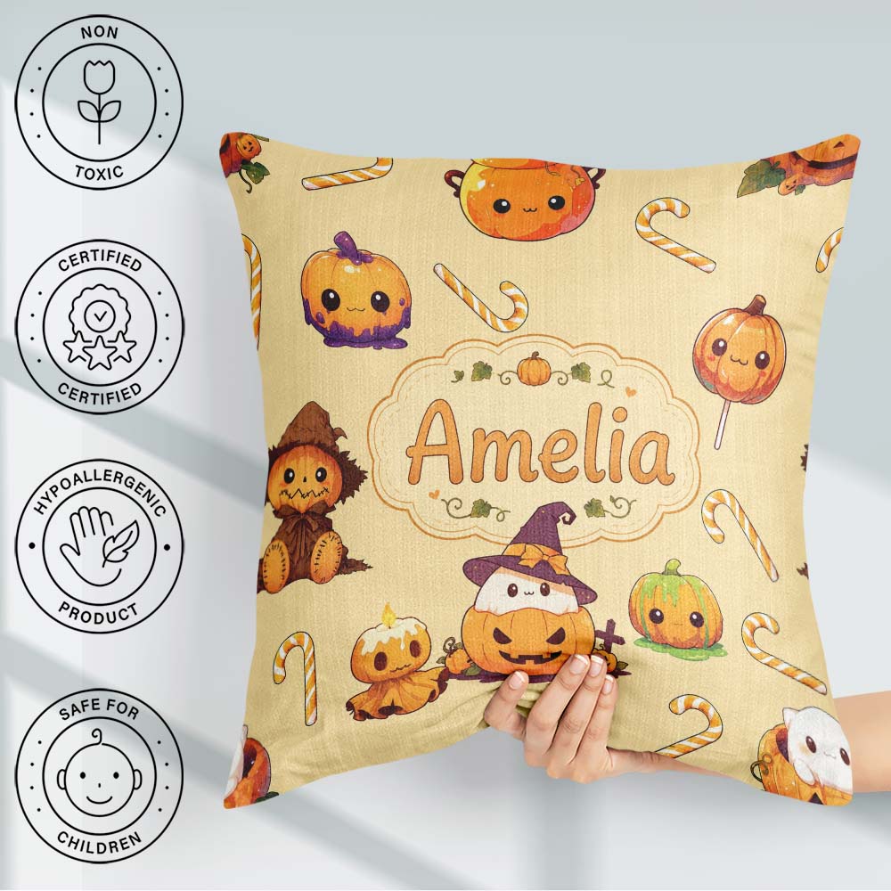 Custom Name Kawaii Halloween Pumpkin Witch Candy Seamless Yellow Square Filled Cushion Throw Pillow Sofa Bed Home Decor Zip Washable UK Made