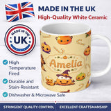 Personalized Custom Name Cute Kawaii Halloween Pumpkin Witch Candy Seamless Pattern Yellow 11oz Ceramic Coffee Tea Mug White Large Handle