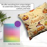 Custom Name Kawaii Halloween Pumpkin Witch Candy Seamless Yellow Square Filled Cushion Throw Pillow Sofa Bed Home Decor Zip Washable UK Made