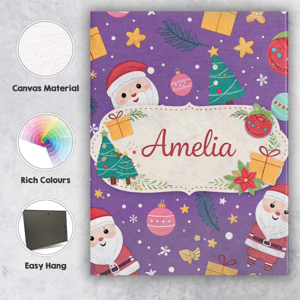Personalised Name Cute Christmas Santa Tree Gift Cartoon Seamless Custom  Bespoke Canvas Wall Art Print Decor Picture Ready to Hang
