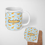 Personalized Custom Name Cute Corgi Dogs Blue Background Playful Seamless Pattern Lovely 11oz Ceramic Coffee Tea Mug White Large Handle