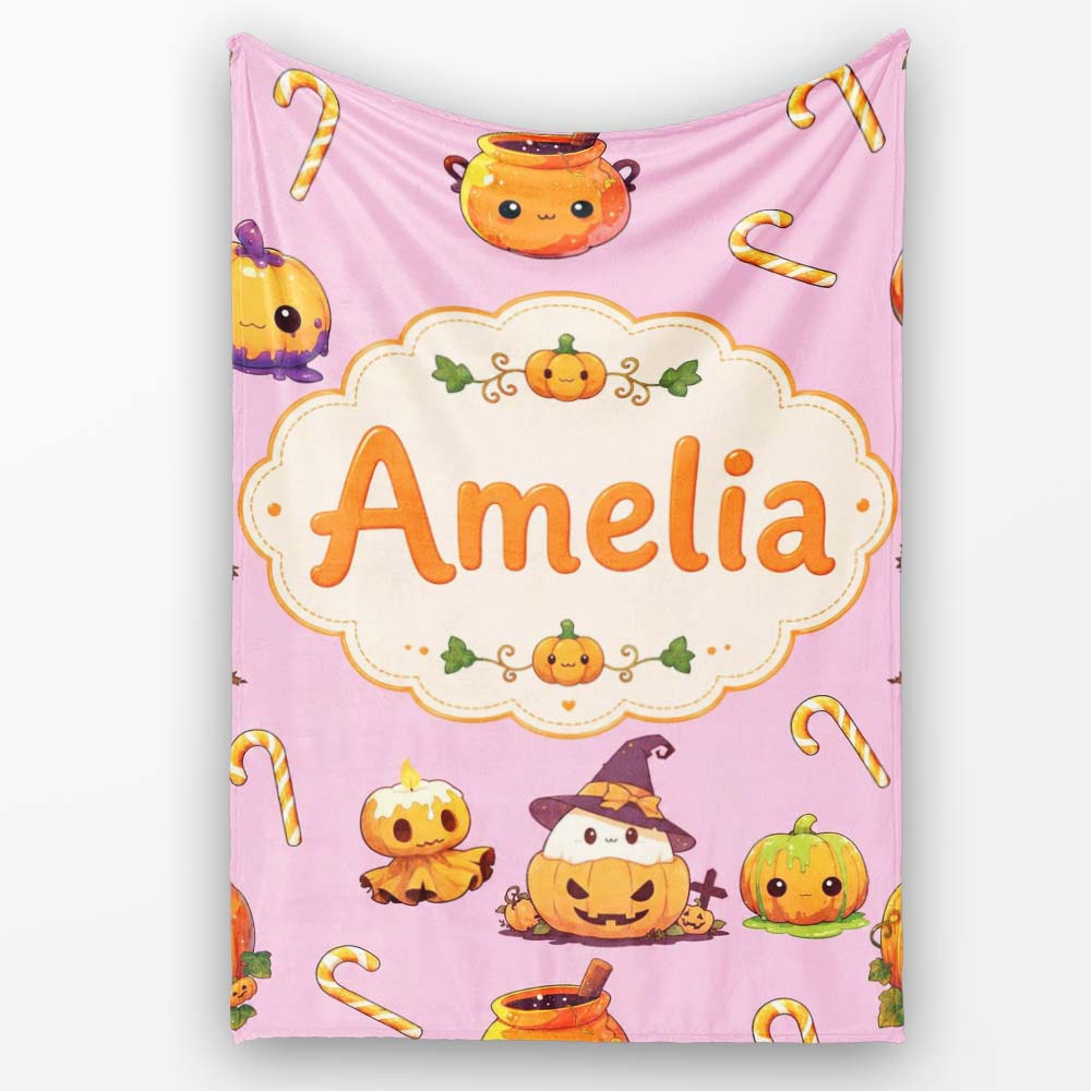 Cute Kawaii Halloween Pumpkin Witch Candy Seamless Pattern Pink  Personalised Custom Name Super Soft Fleece Blanket Bed Sofa Throw