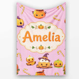 Cute Kawaii Halloween Pumpkin Witch Candy Seamless Pattern Pink  Personalised Custom Name Super Soft Fleece Blanket Bed Sofa Throw
