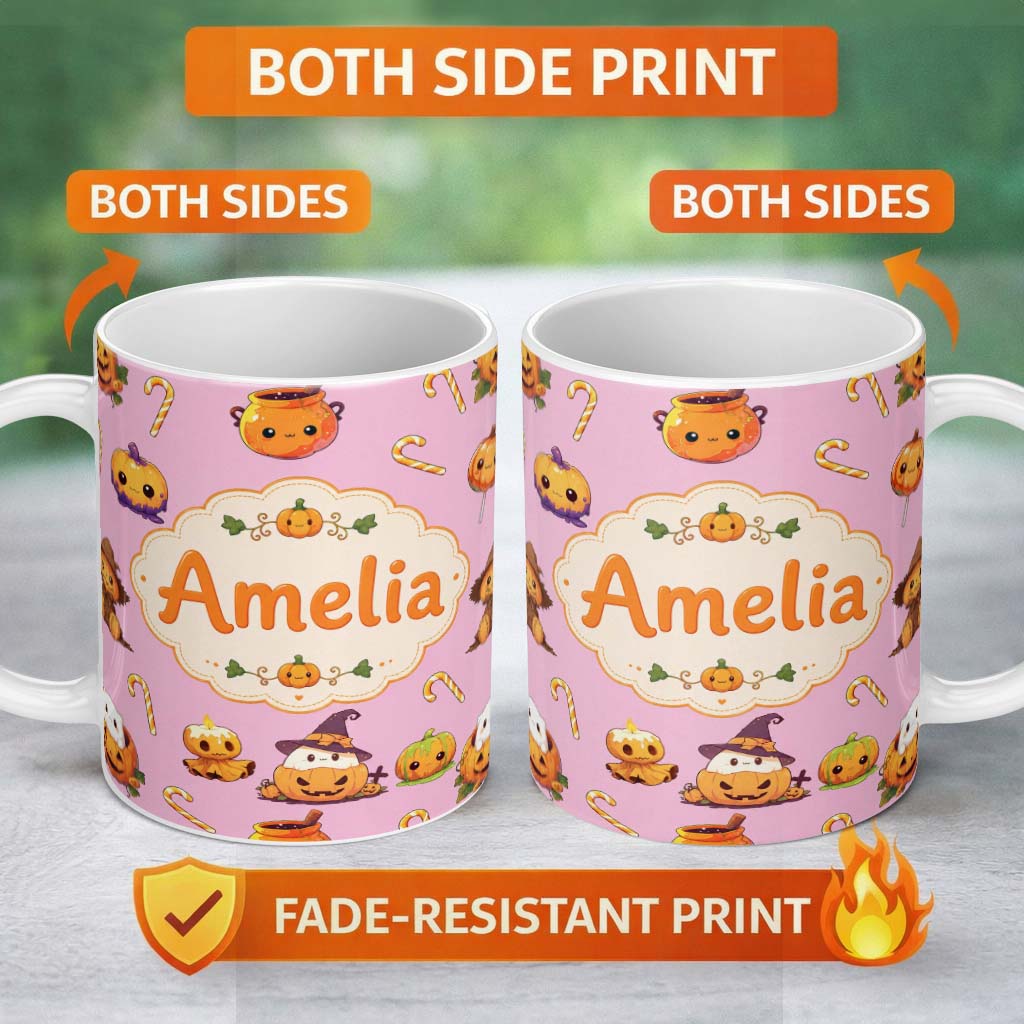 Personalized Custom Name Cute Kawaii Halloween Pumpkin Witch Candy Seamless Pattern Pink 11oz Ceramic Coffee Tea Mug White Large Handle