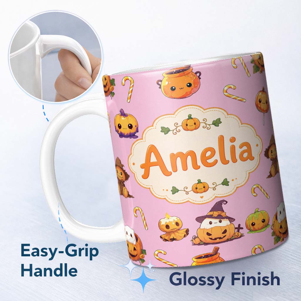 Personalized Custom Name Cute Kawaii Halloween Pumpkin Witch Candy Seamless Pattern Pink 11oz Ceramic Coffee Tea Mug White Large Handle