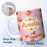 Personalized Custom Name Cute Kawaii Halloween Pumpkin Witch Candy Seamless Pattern Pink 11oz Ceramic Coffee Tea Mug White Large Handle