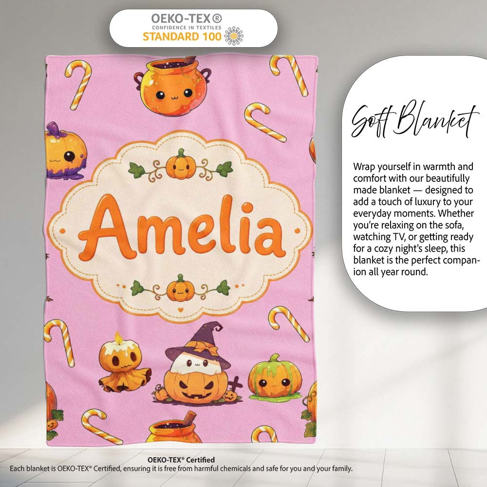 Cute Kawaii Halloween Pumpkin Witch Candy Seamless Pattern Pink  Personalised Custom Name Super Soft Fleece Blanket Bed Sofa Throw