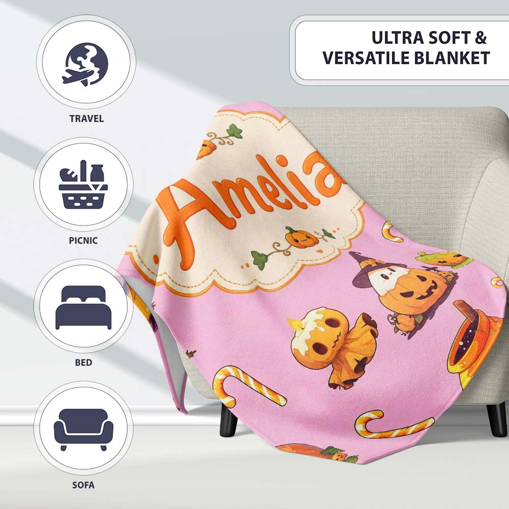 Cute Kawaii Halloween Pumpkin Witch Candy Seamless Pattern Pink  Personalised Custom Name Super Soft Fleece Blanket Bed Sofa Throw