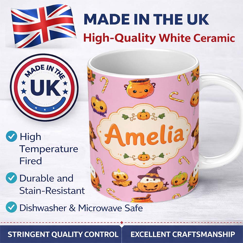 Personalized Custom Name Cute Kawaii Halloween Pumpkin Witch Candy Seamless Pattern Pink 11oz Ceramic Coffee Tea Mug White Large Handle