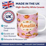 Personalized Custom Name Cute Kawaii Halloween Pumpkin Witch Candy Seamless Pattern Pink 11oz Ceramic Coffee Tea Mug White Large Handle