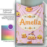 Cute Kawaii Halloween Pumpkin Witch Candy Seamless Pattern Pink  Personalised Custom Name Super Soft Fleece Blanket Bed Sofa Throw