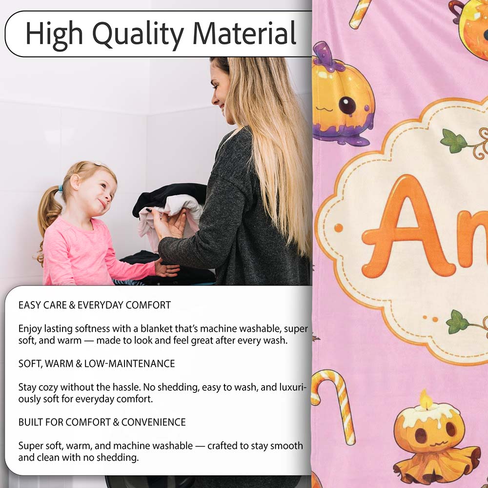 Cute Kawaii Halloween Pumpkin Witch Candy Seamless Pattern Pink  Personalised Custom Name Super Soft Fleece Blanket Bed Sofa Throw